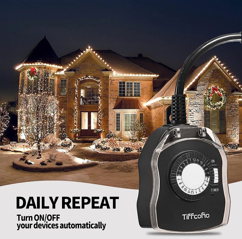 Tiffcofio Outdoor Timer Outlet for Lights, 24 Hour Mechanical, Outdoor Light Timer Waterproof, 2 Grounded Outlets for Home and Garden, 15A 1/2HP, Heavy Duty, CSA Listed (2 Pack) - Image 5